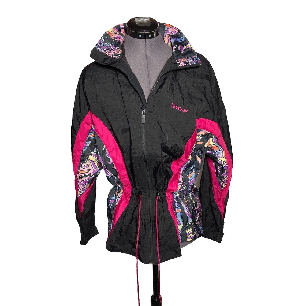 Vintage 90s Reebok Sport Windbreaker Graphic Jacket Black Pink S/M‎ C-40"